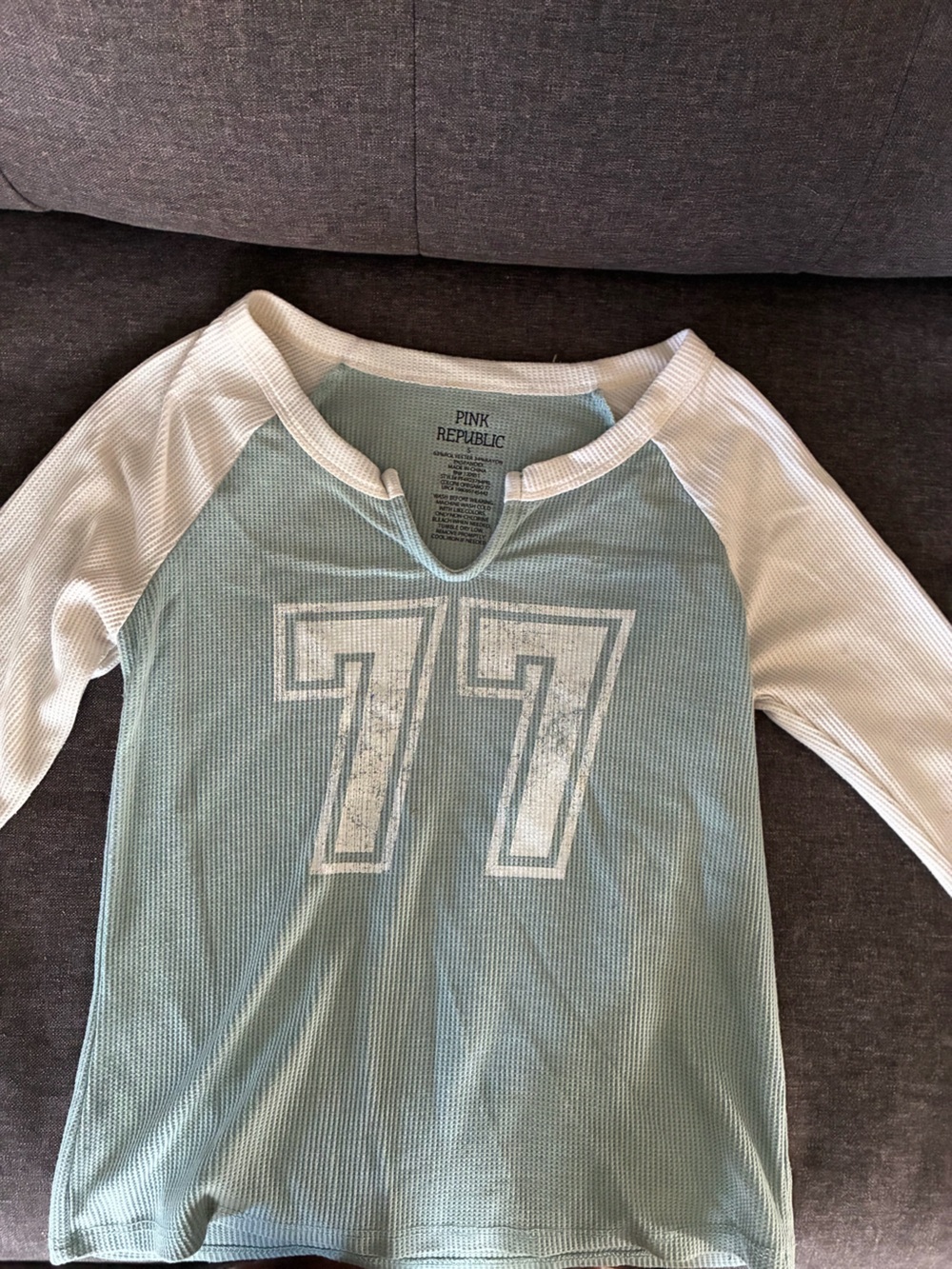 Pink Republic Light Blue & White Raglan Thermal Top with '77' Graphic